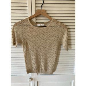 Open-knit shortsleeve sweater with metallic threading